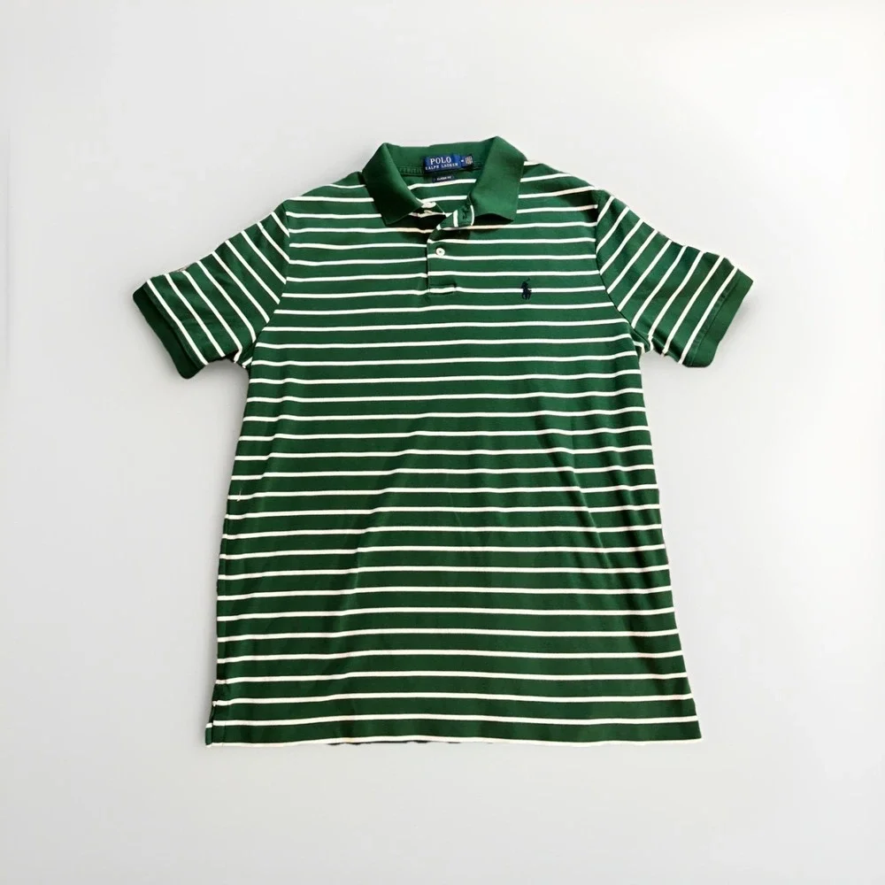 Polo Ralph Lauren Polo Shirt Classic Fit Green w/ White‎ Stripe M Medium EUC